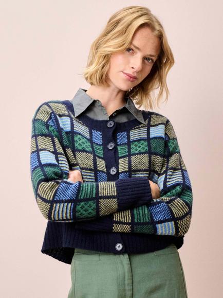 Brora Folk Pure Wool Cardigan, Navy, Navy