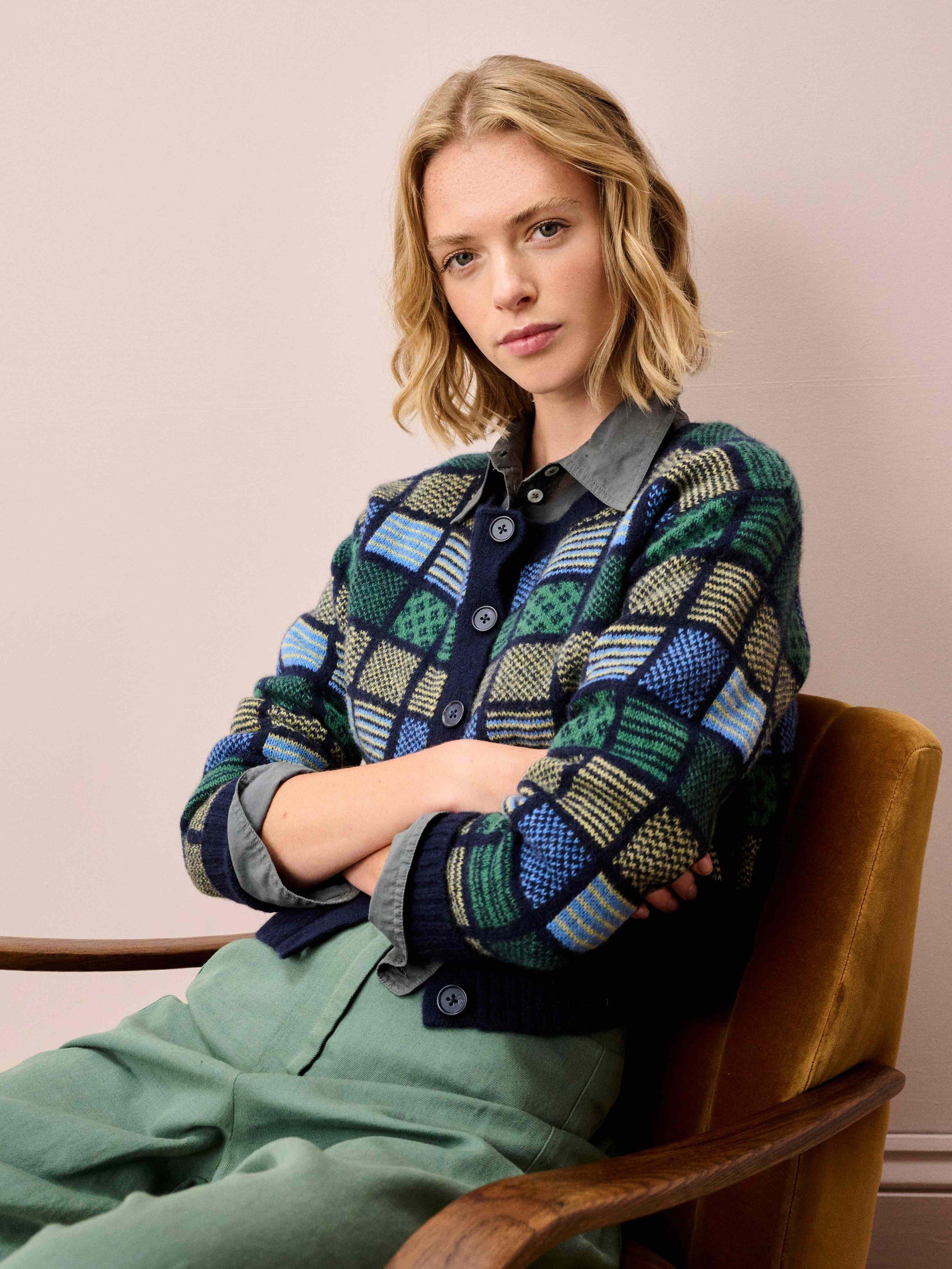 Product image 2 of 5, which shows Brora Folk Pure Wool Cardigan, Navy, 8-10