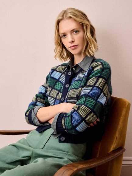 Brora Folk Pure Wool Cardigan, Navy - view 2, Navy