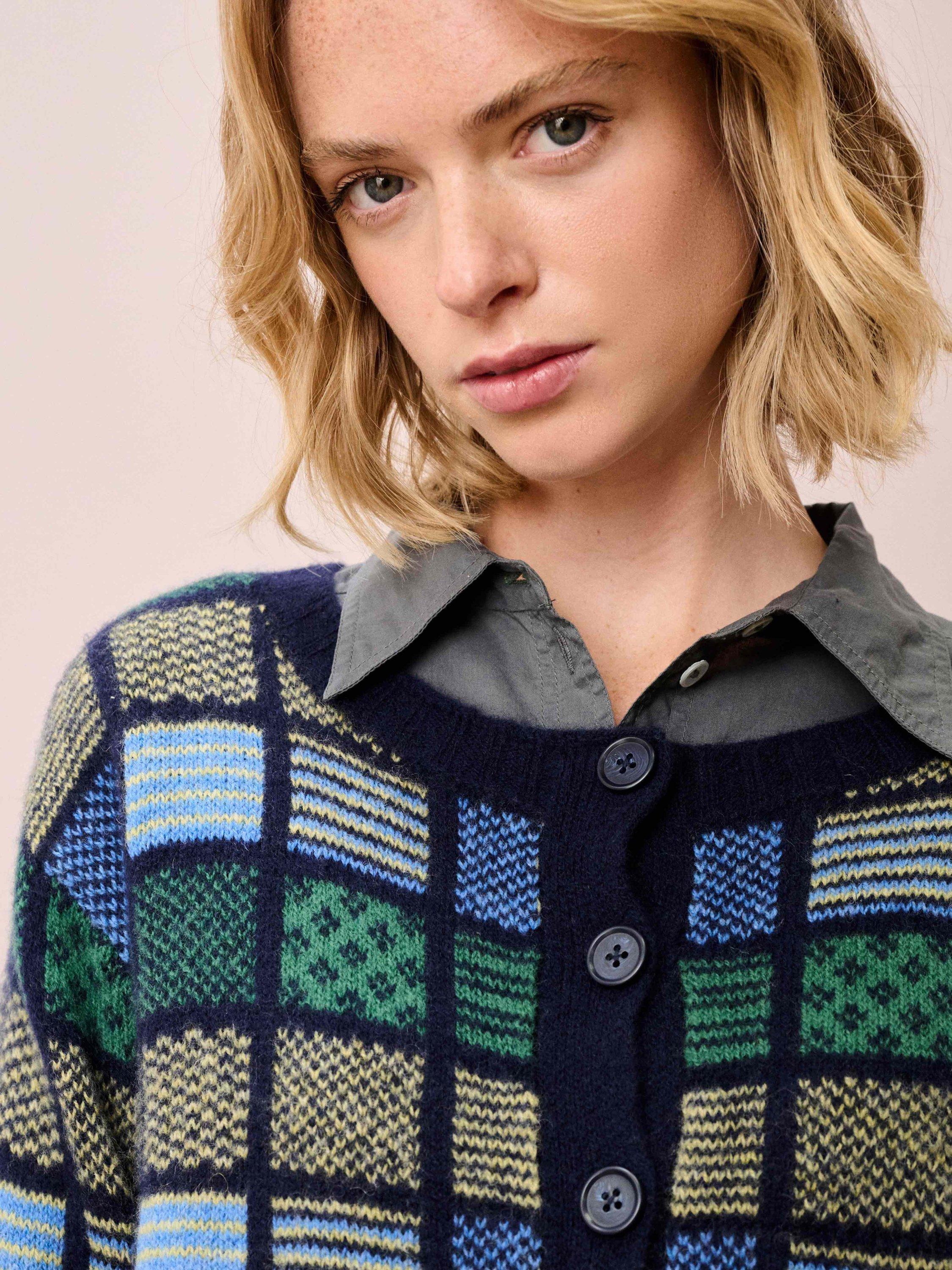 Product image 3 of 5, which shows Brora Folk Pure Wool Cardigan, Navy, 8-10