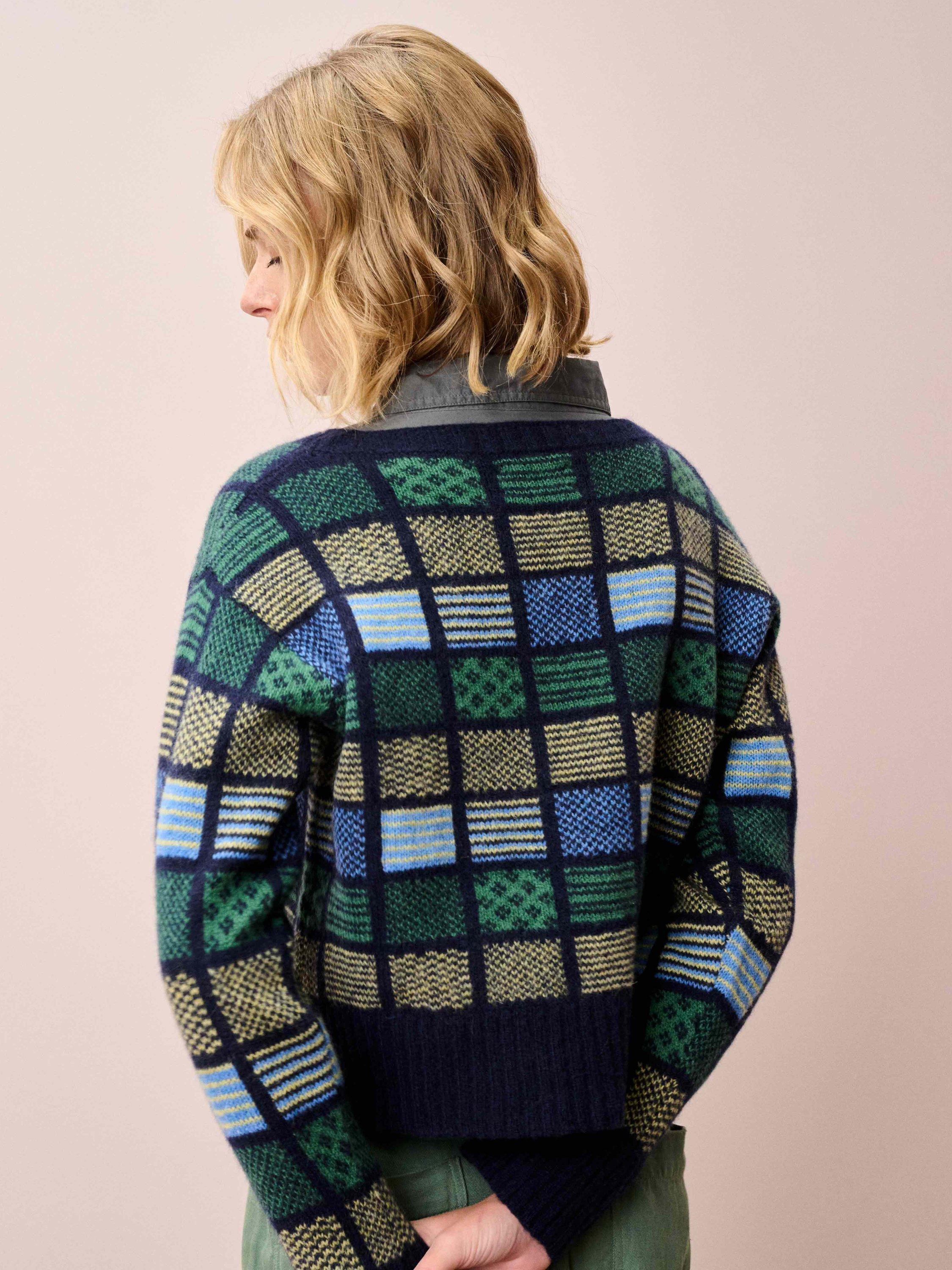 Product image 4 of 5, which shows Brora Folk Pure Wool Cardigan, Navy, 8-10