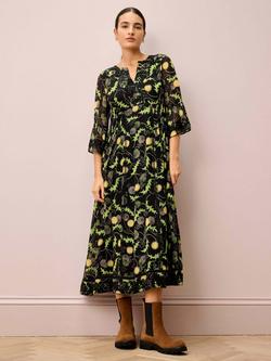 Brora Silk Embroidered Pintuck Dress, Black/Primrose, Black/Primrose