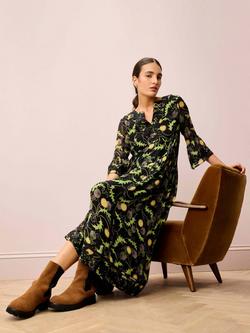 Brora Silk Embroidered Pintuck Dress, Black/Primrose - view 2, Black/Primrose