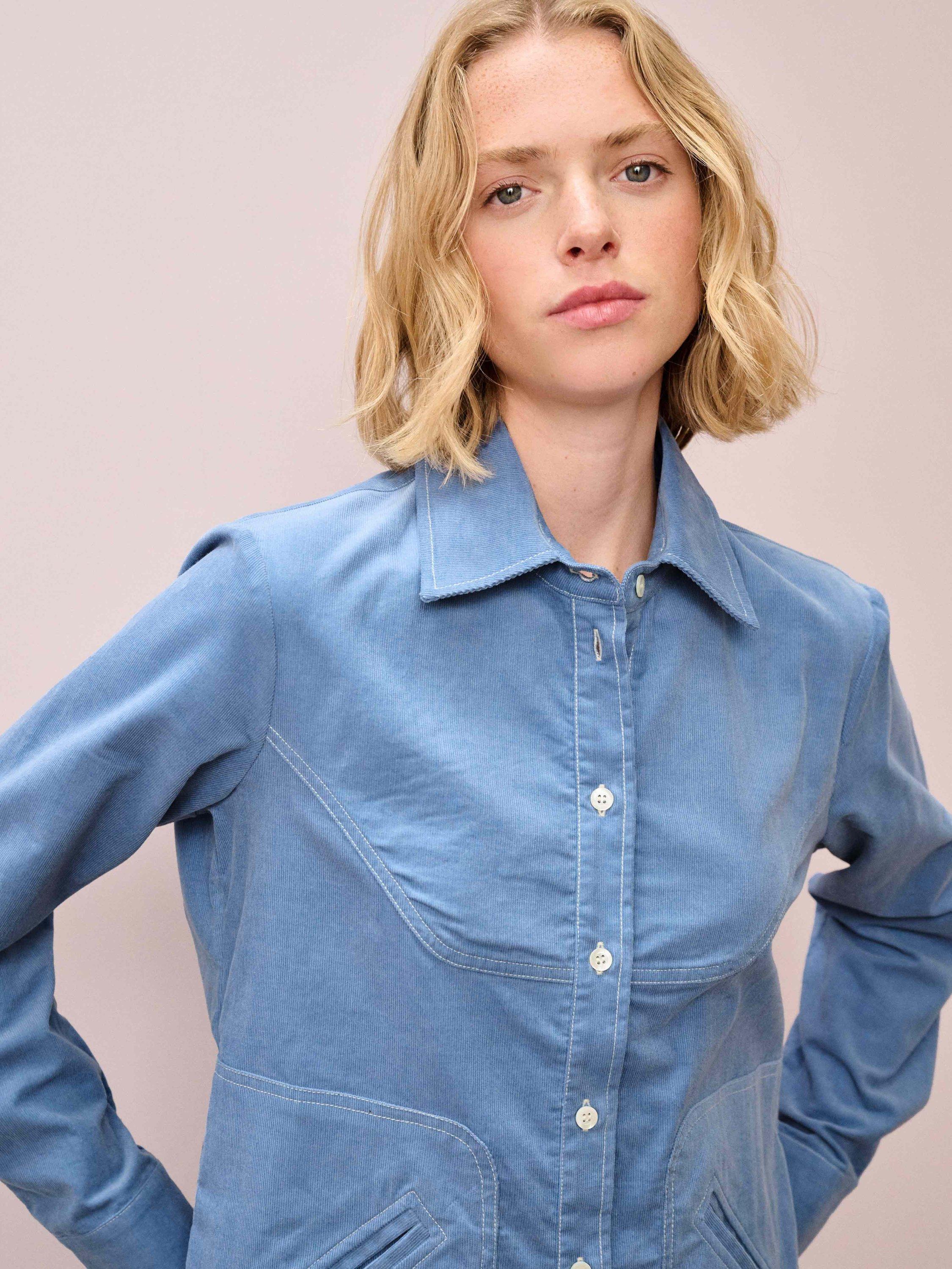 Product image 3 of 5, which shows Brora Cotton Needlecord Shirt Jacket, Sky Blue, 6