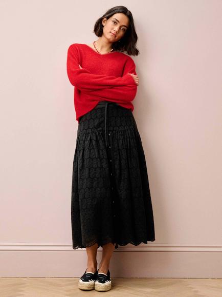 Brora Cotton Broderie Anglaise Skirt, Black