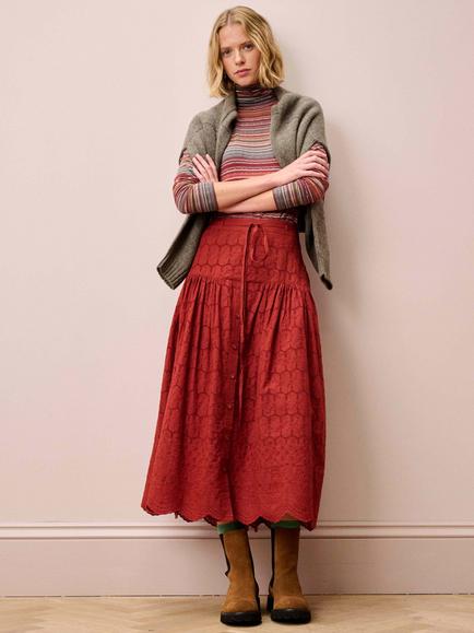 Brora Cotton Broderie Anglaise Skirt, Paprika