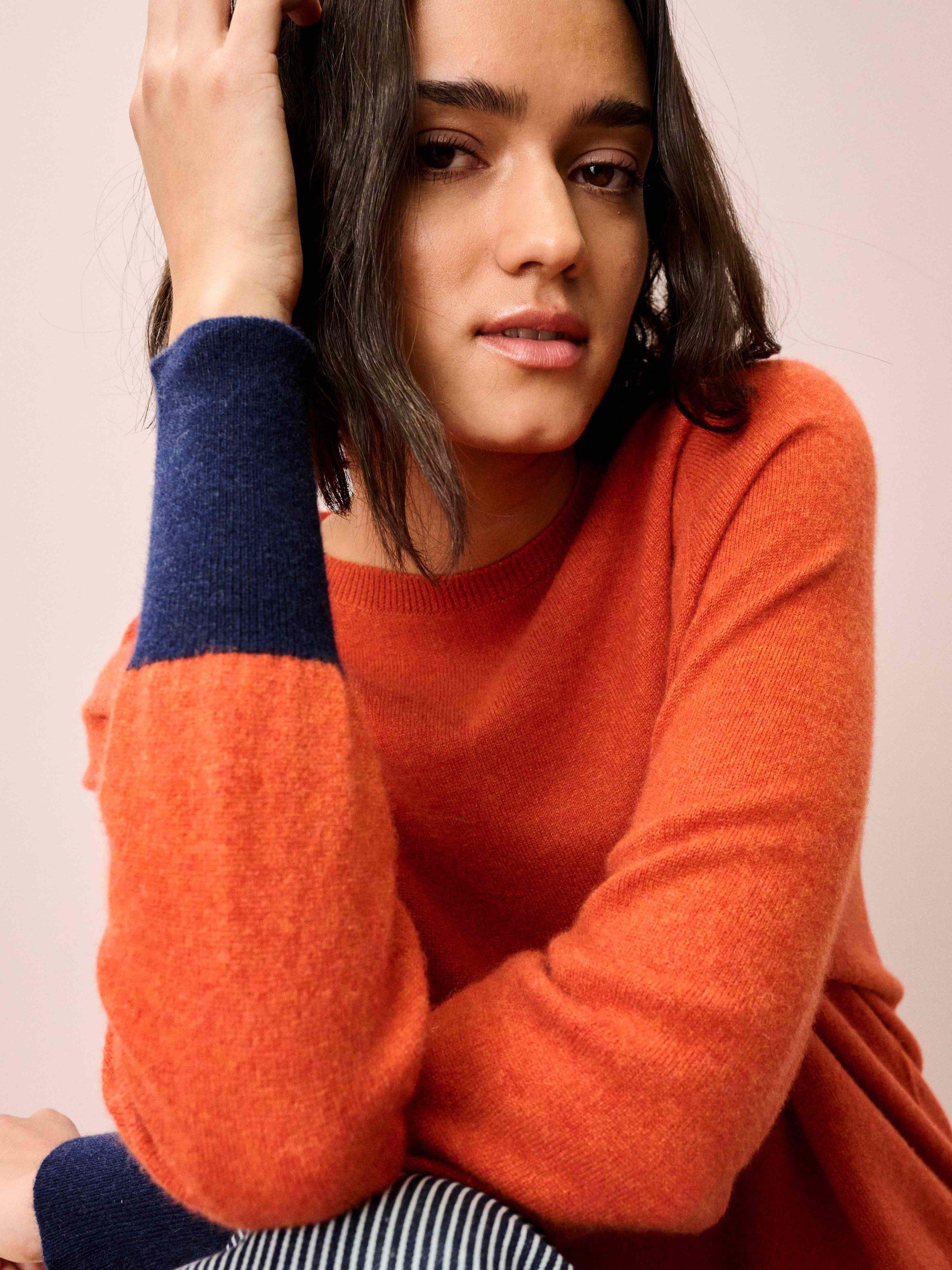 Product image 3 of 5, which shows Brora Contrast Cuff Batwing Pure Cashmere Jumper, Orange/Multi, 8-10