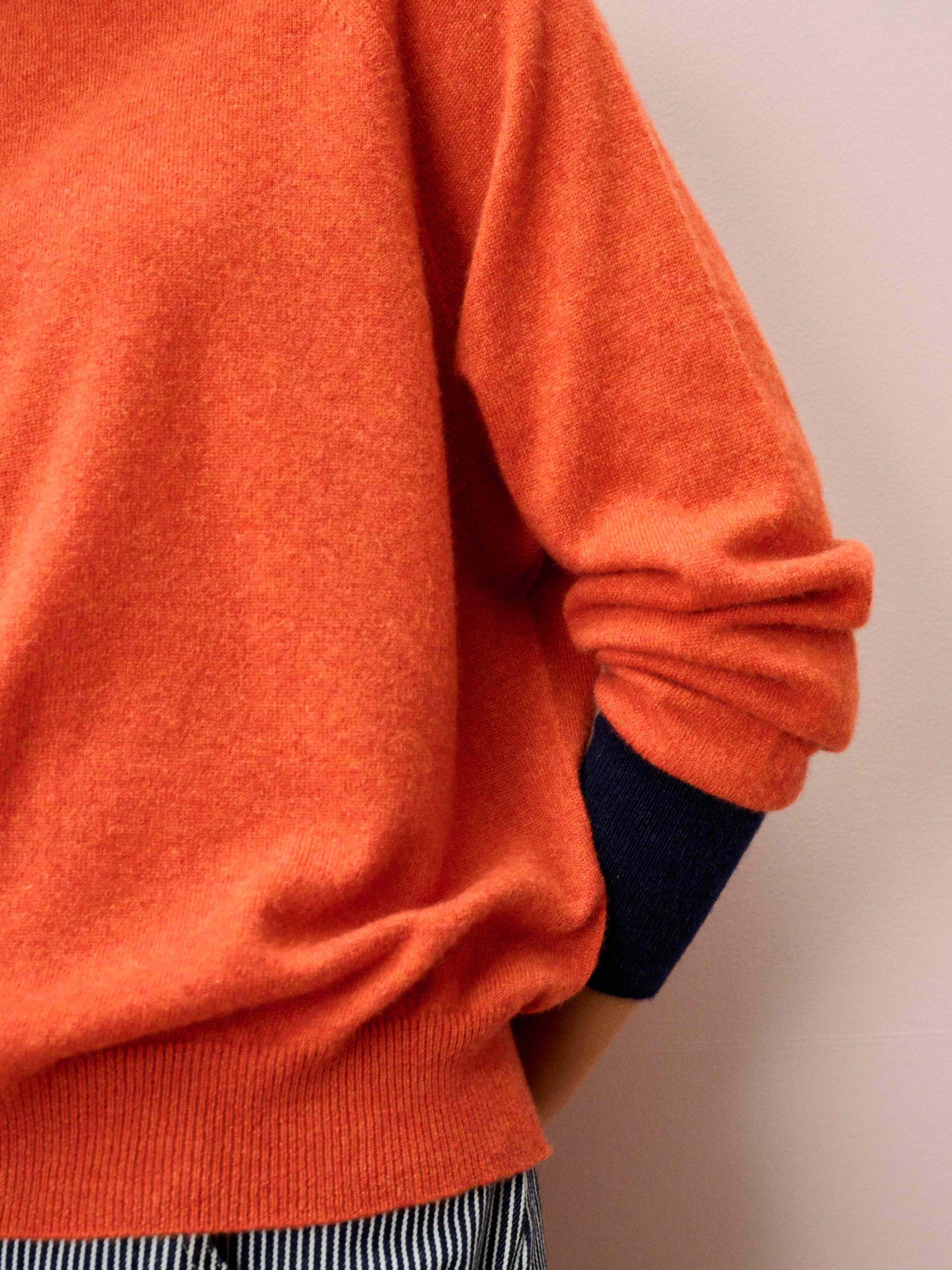 Product image 4 of 5, which shows Brora Contrast Cuff Batwing Pure Cashmere Jumper, Orange/Multi, 8-10