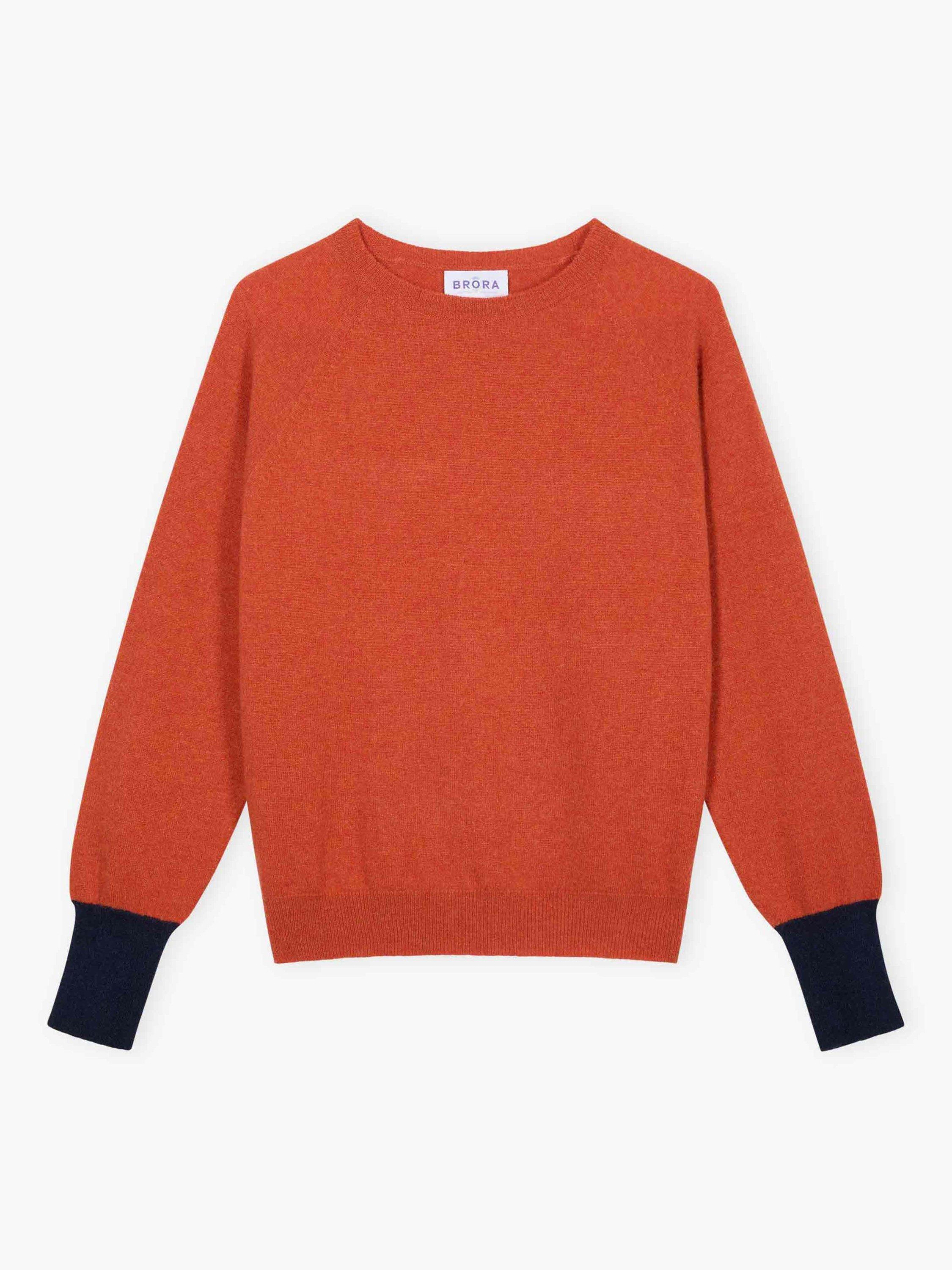 Product image 5 of 5, which shows Brora Contrast Cuff Batwing Pure Cashmere Jumper, Orange/Multi, 8-10