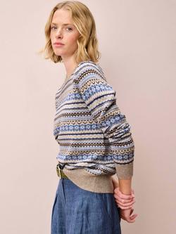 Brora Round Neck Fair Isle Pure Cashmere Jumper, Grey/Multi - view 2, Grey/Multi