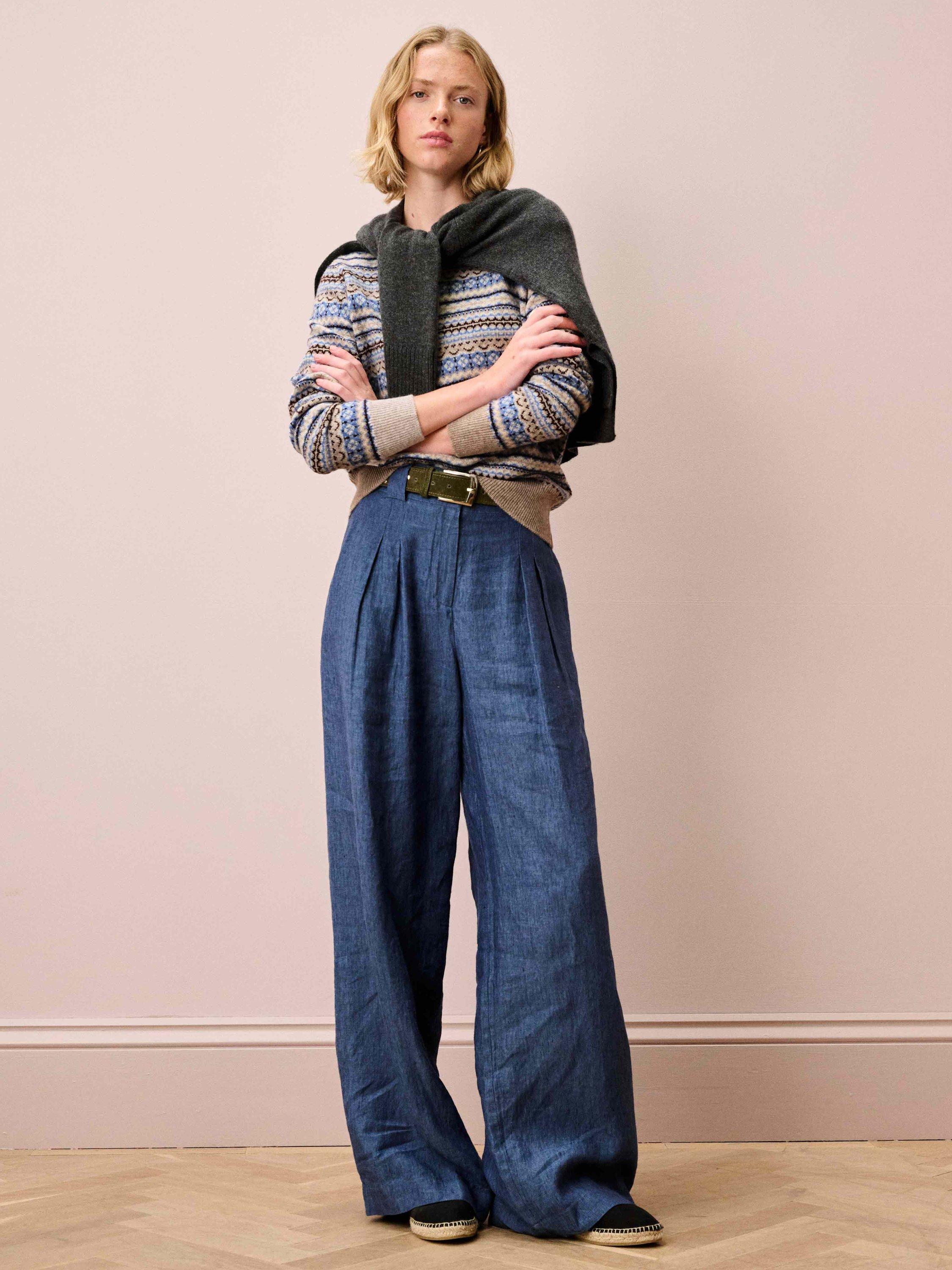 Product image 3 of 5, which shows Brora Round Neck Fair Isle Pure Cashmere Jumper, Grey/Multi, 8-10