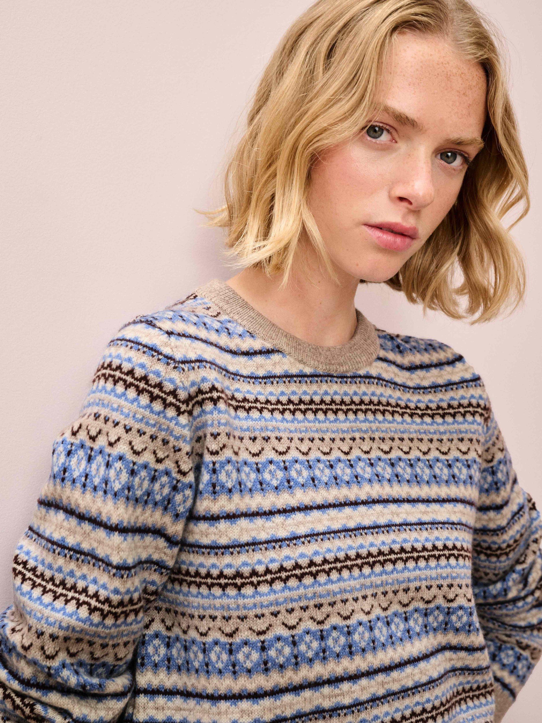 Product image 4 of 5, which shows Brora Round Neck Fair Isle Pure Cashmere Jumper, Grey/Multi, 8-10