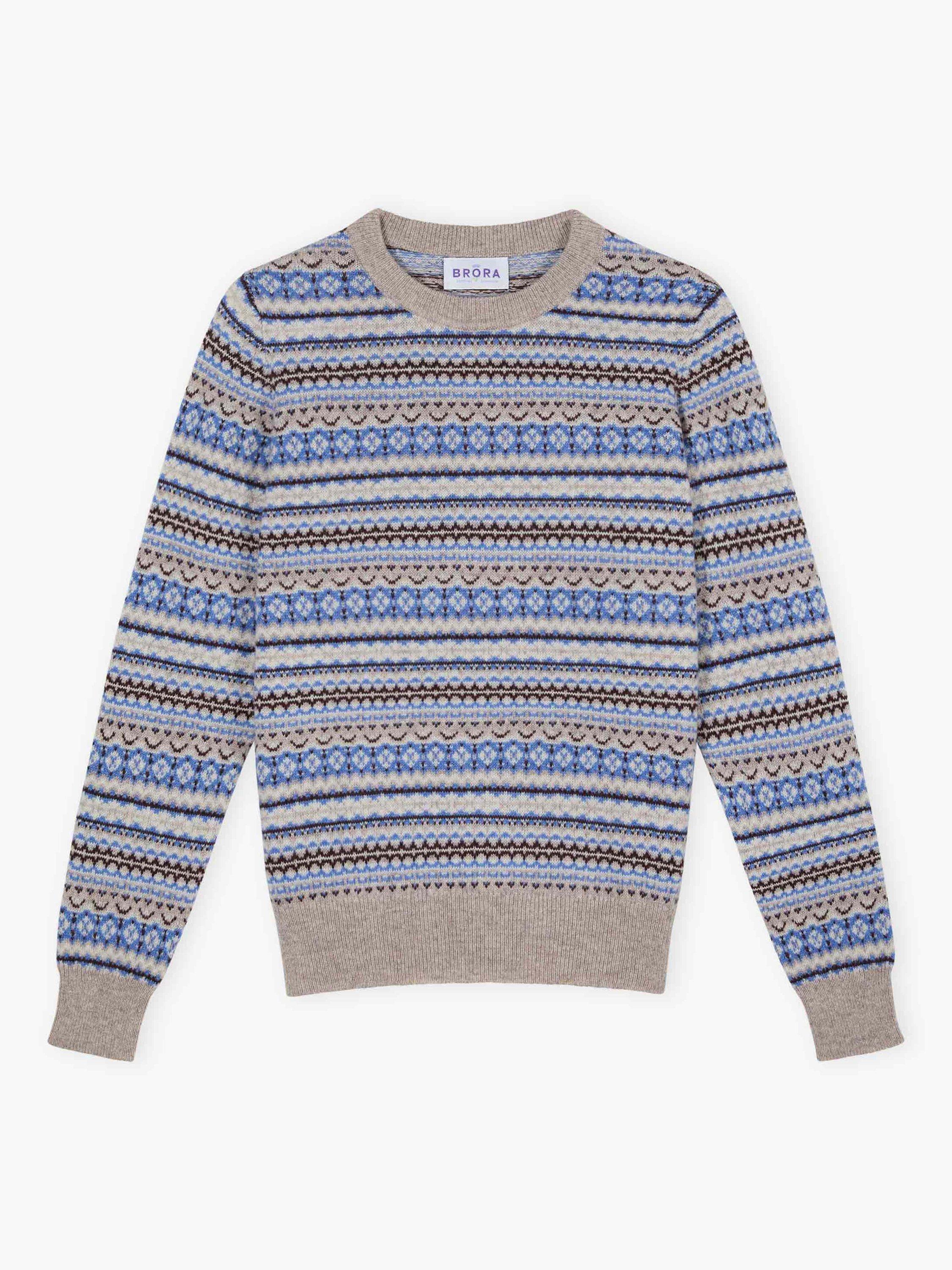 Product image 5 of 5, which shows Brora Round Neck Fair Isle Pure Cashmere Jumper, Grey/Multi, 8-10