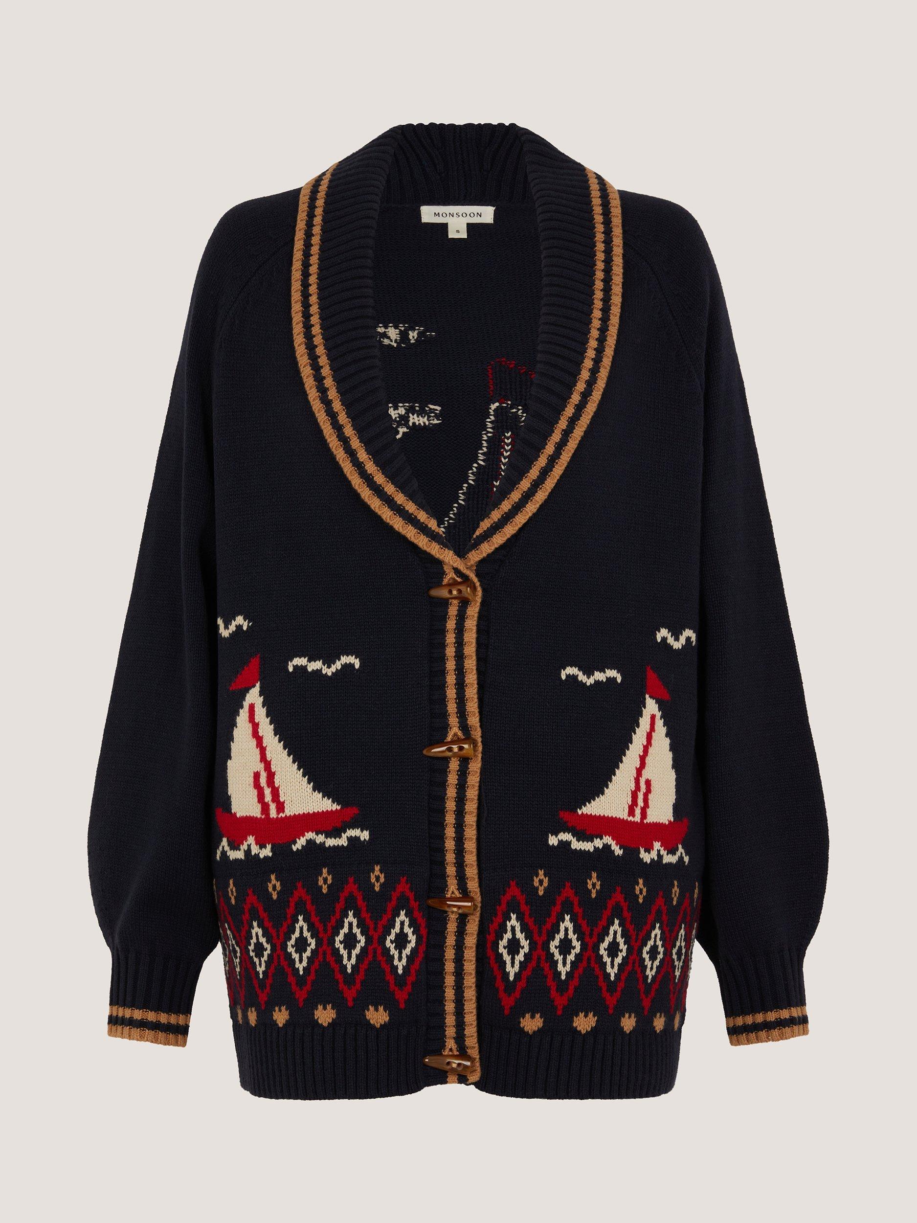 Product image 1 of 1, which shows Monsoon Sapna Sailor Cardigan, Navy, S