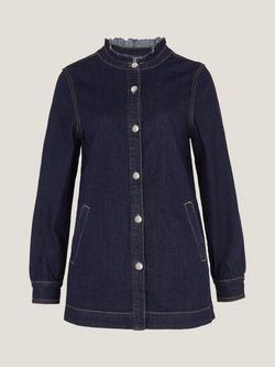 Monsoon Louisa Collarless Longline Denim Jacket, Indigo, Indigo