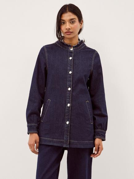Monsoon Louisa Collarless Longline Denim Jacket, Indigo, Indigo