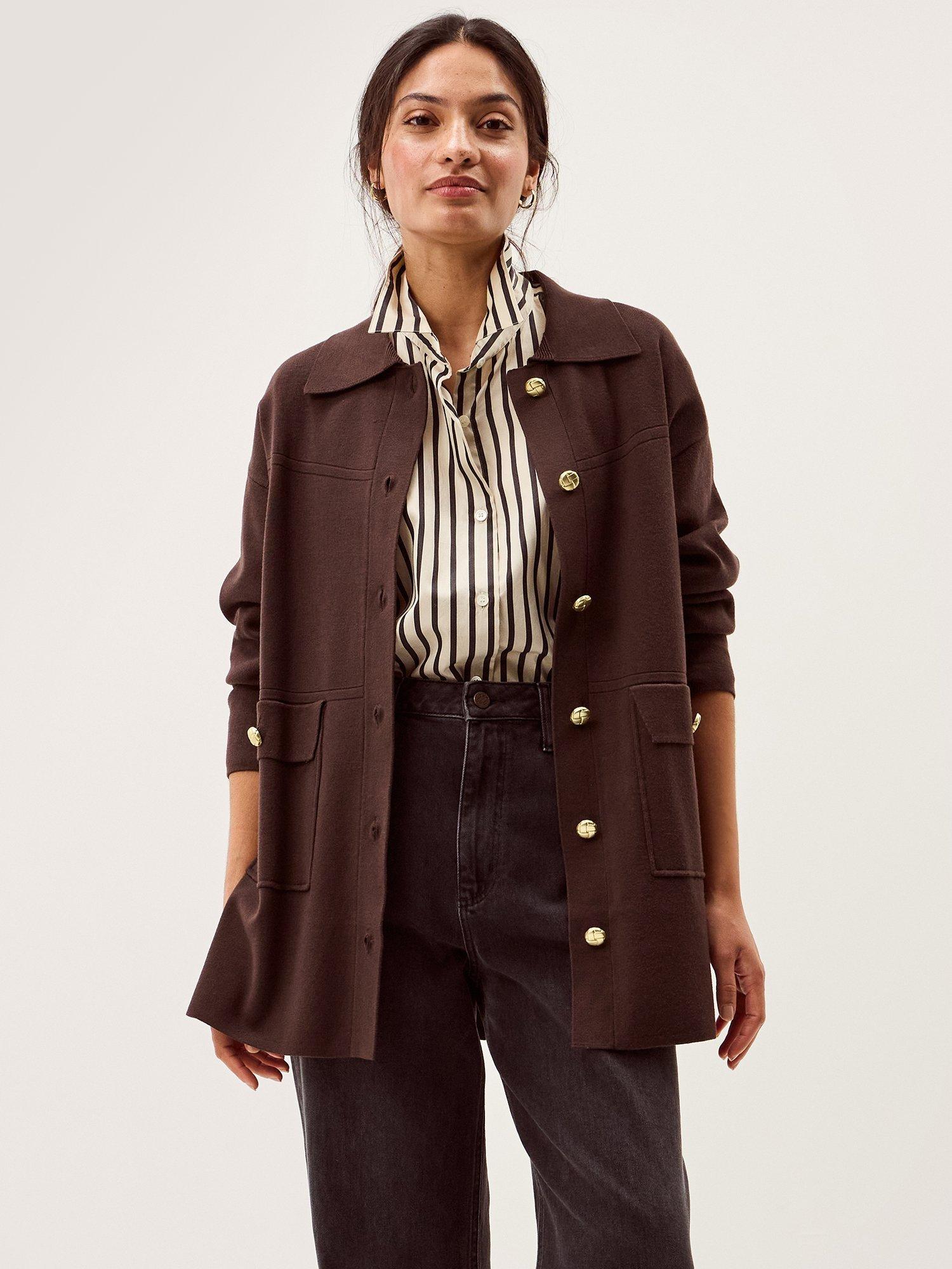 Product image 1 of 5, which shows Monsoon Nina Longline Knit Jacket, Chocolate, S