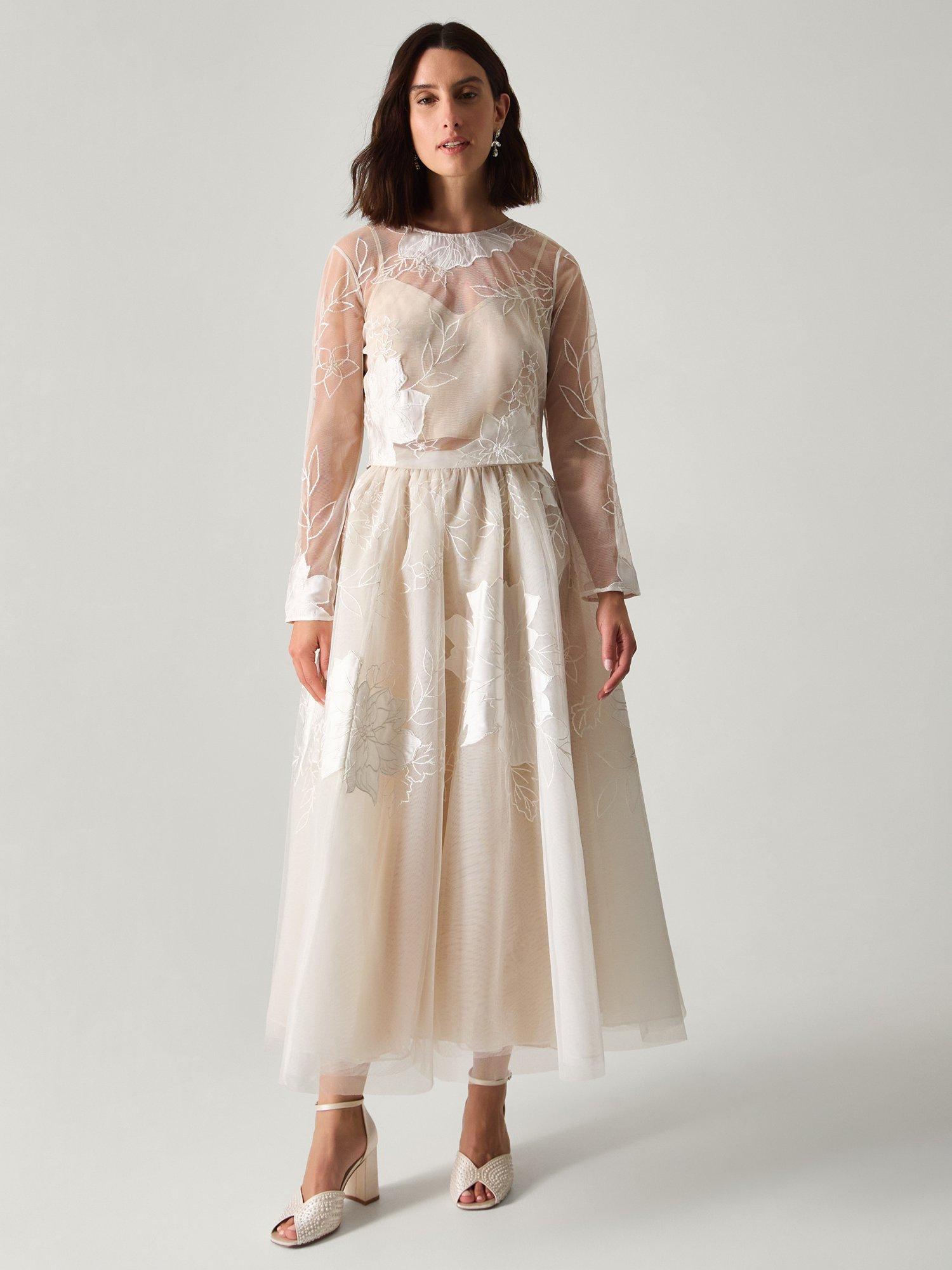 Product image 1 of 5, which shows Monsoon Rhea Floral Embroidered Mesh Wedding Top, Ivory, 6