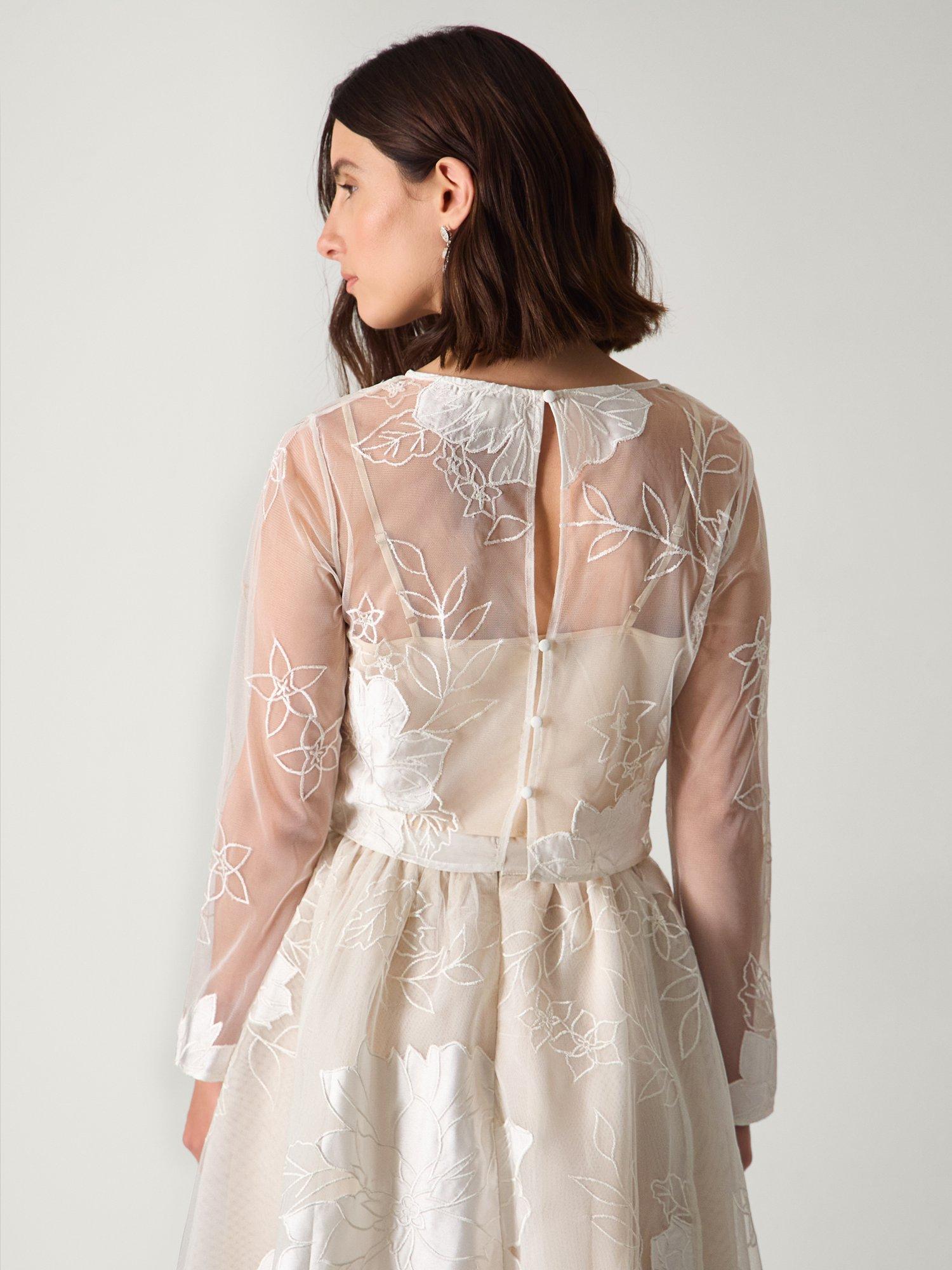 Product image 2 of 5, which shows Monsoon Rhea Floral Embroidered Mesh Wedding Top, Ivory, 6
