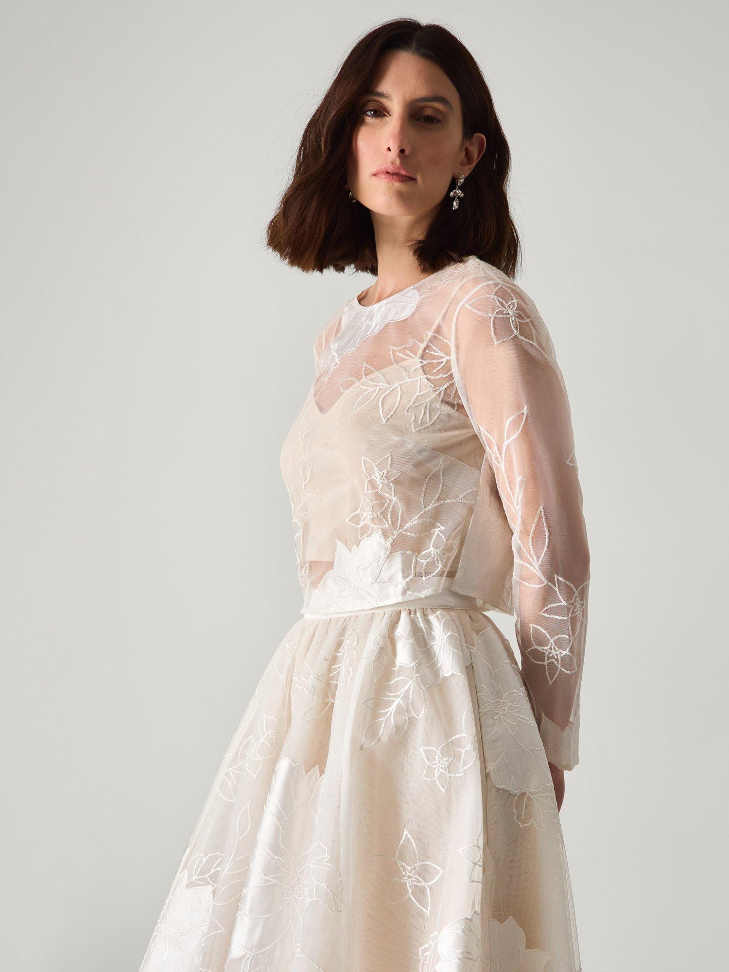 Product image 3 of 5, which shows Monsoon Rhea Floral Embroidered Mesh Wedding Top, Ivory, 6