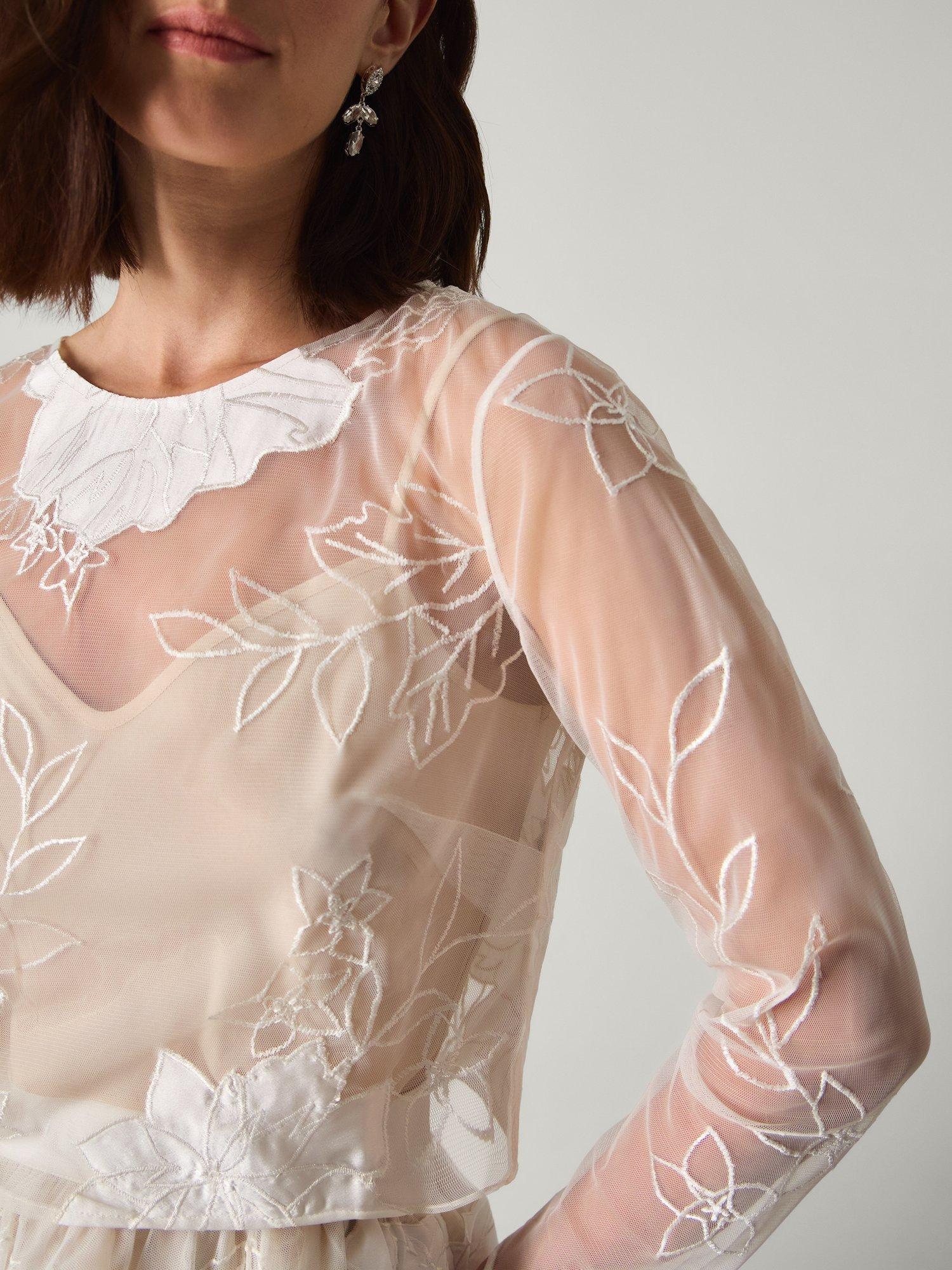 Product image 4 of 5, which shows Monsoon Rhea Floral Embroidered Mesh Wedding Top, Ivory, 6