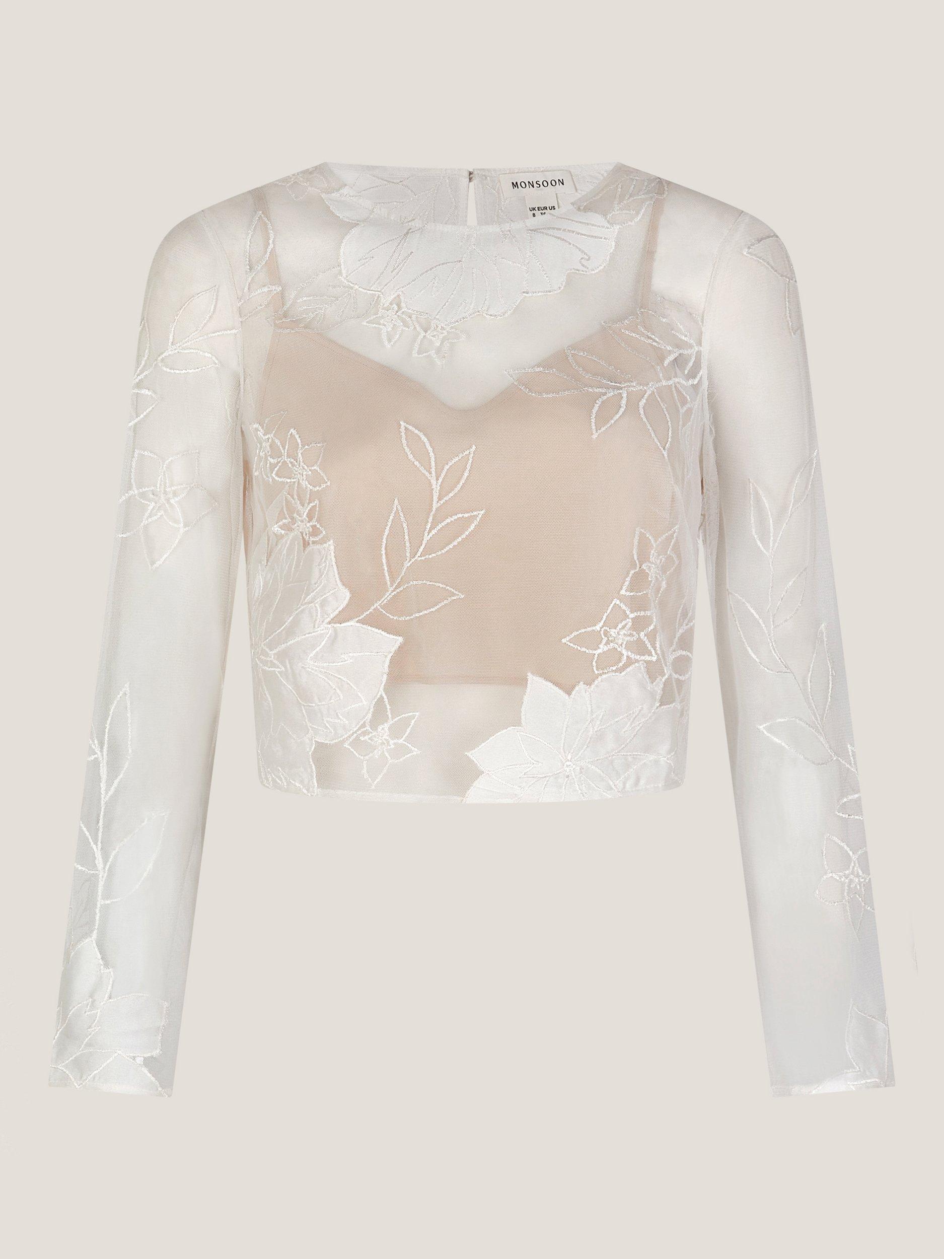 Product image 5 of 5, which shows Monsoon Rhea Floral Embroidered Mesh Wedding Top, Ivory, 6