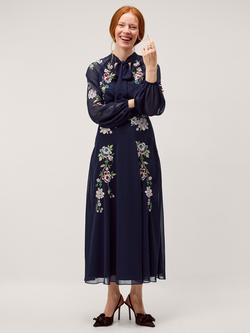 Monsoon Annika Embroidered Floral Dress, Navy, Navy
