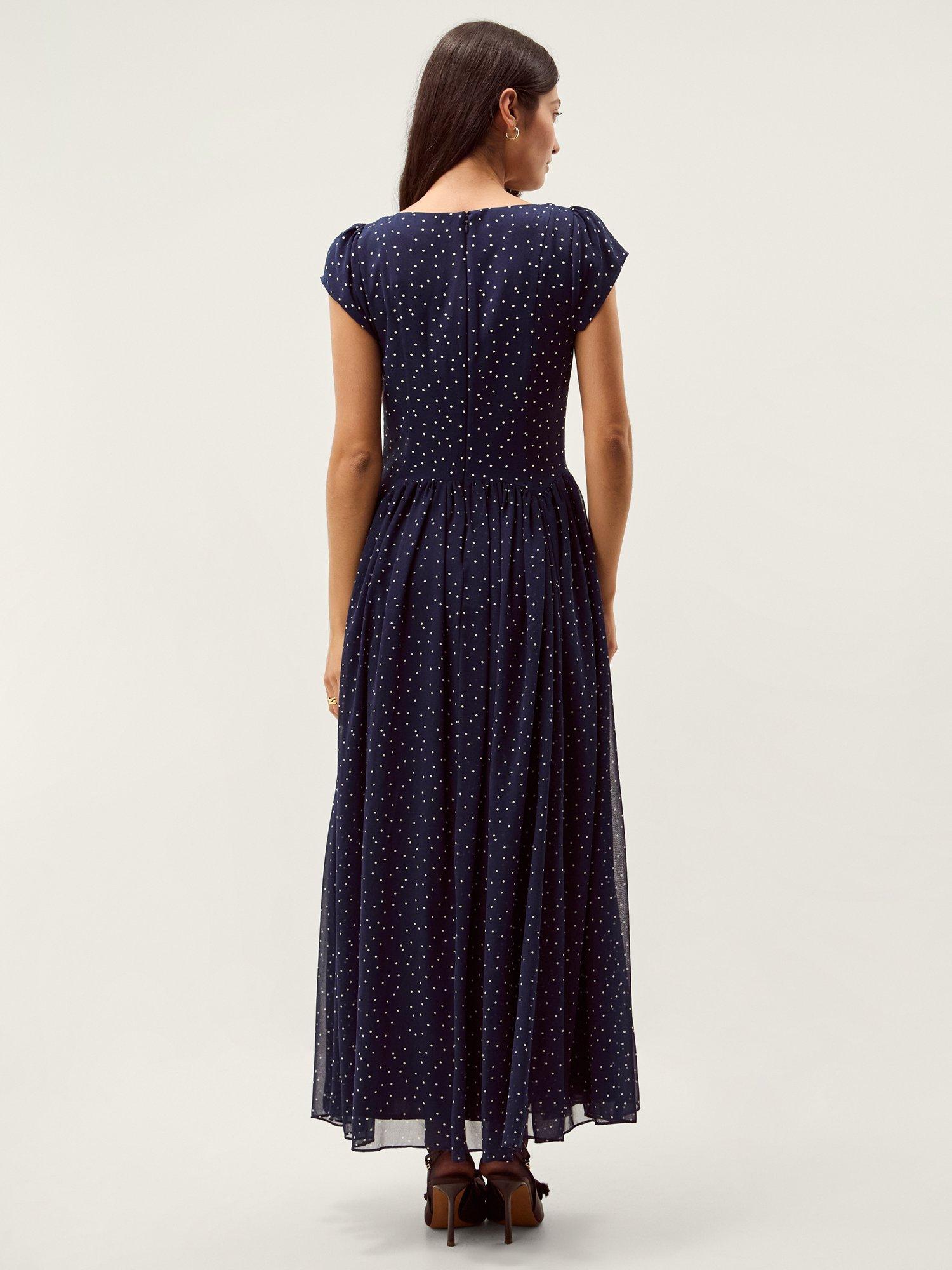 Product image 2 of 6, which shows Monsoon Caitie Spot Midi Dress, Navy, 8