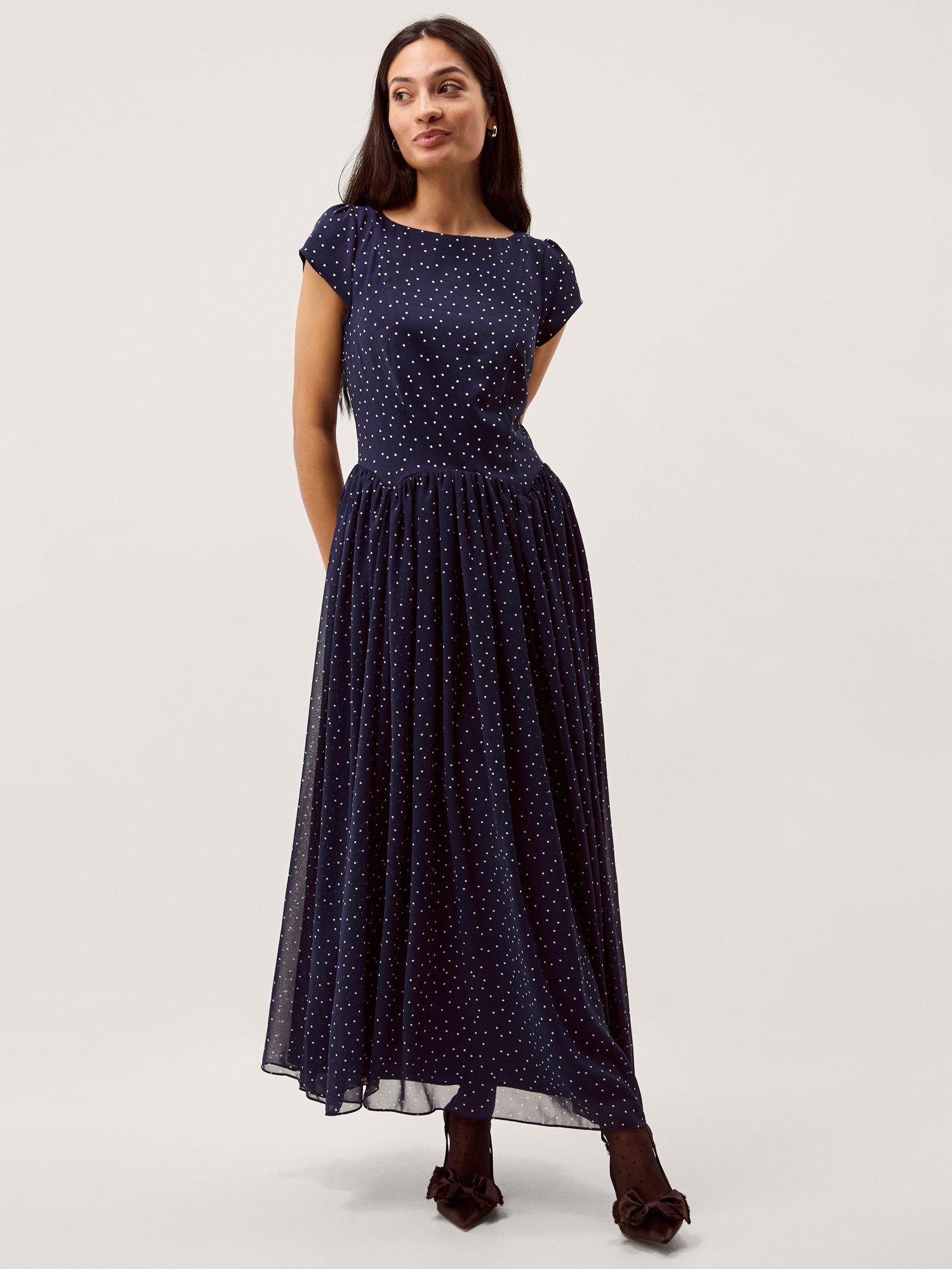 Product image 4 of 6, which shows Monsoon Caitie Spot Midi Dress, Navy, 8