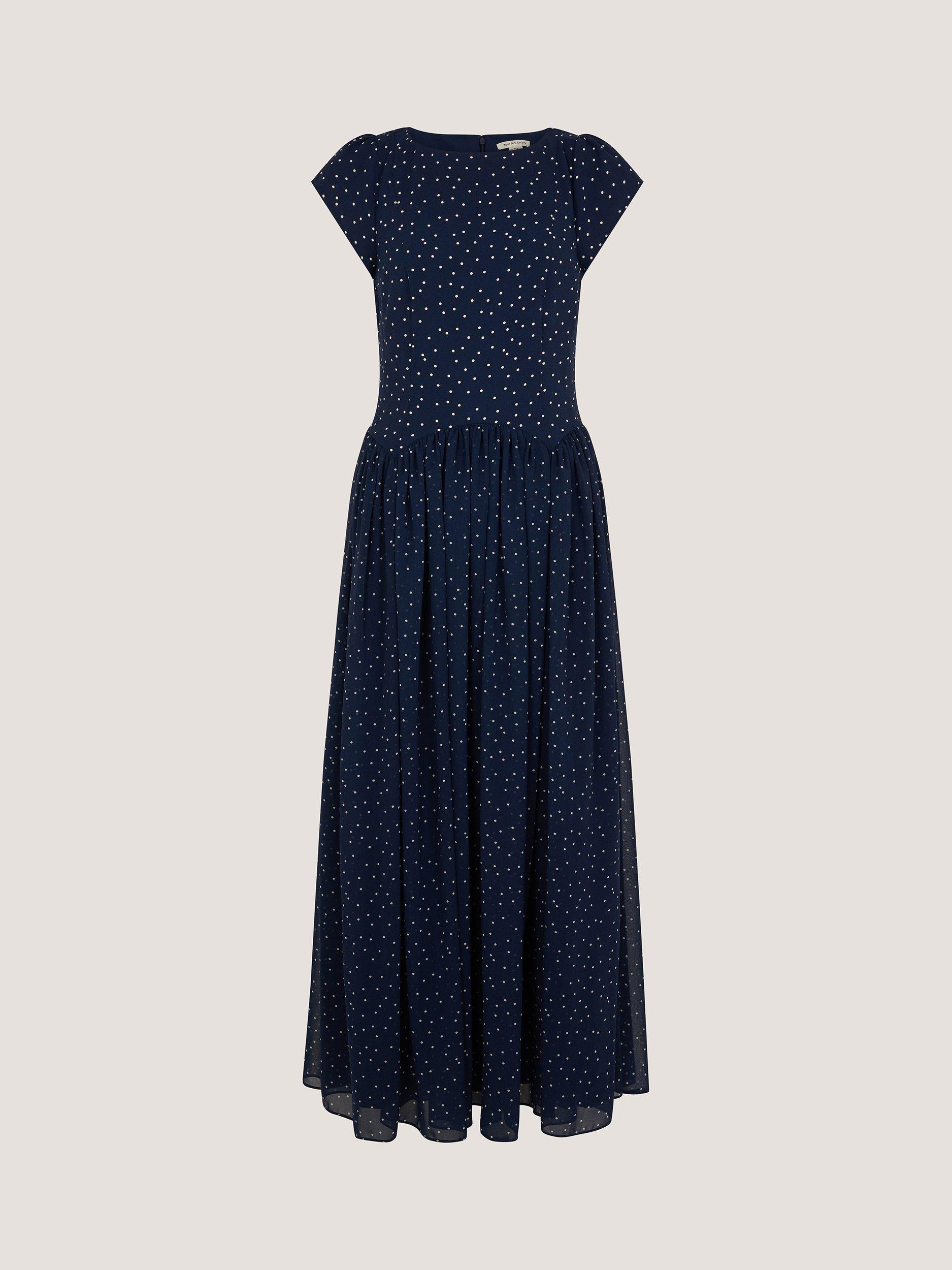 Product image 6 of 6, which shows Monsoon Caitie Spot Midi Dress, Navy, 8