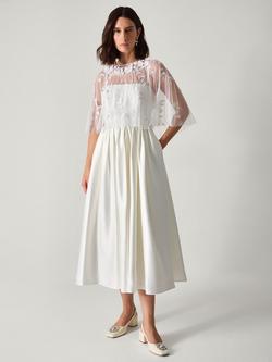 Monsoon Celeste Floral Cape Satin Wedding Dress, Ivory, Ivory