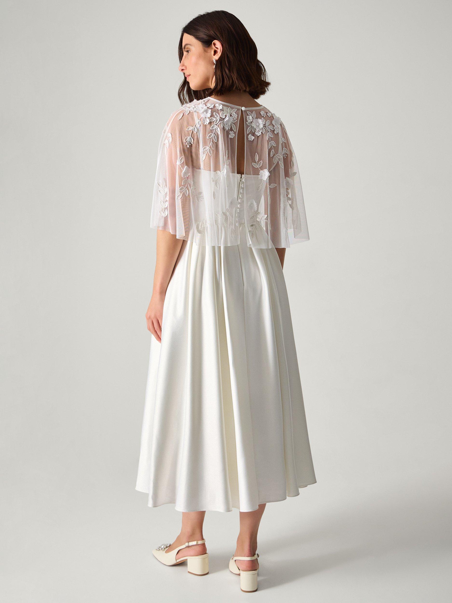 Product image 2 of 5, which shows Monsoon Celeste Floral Cape Satin Wedding Dress, Ivory, 6