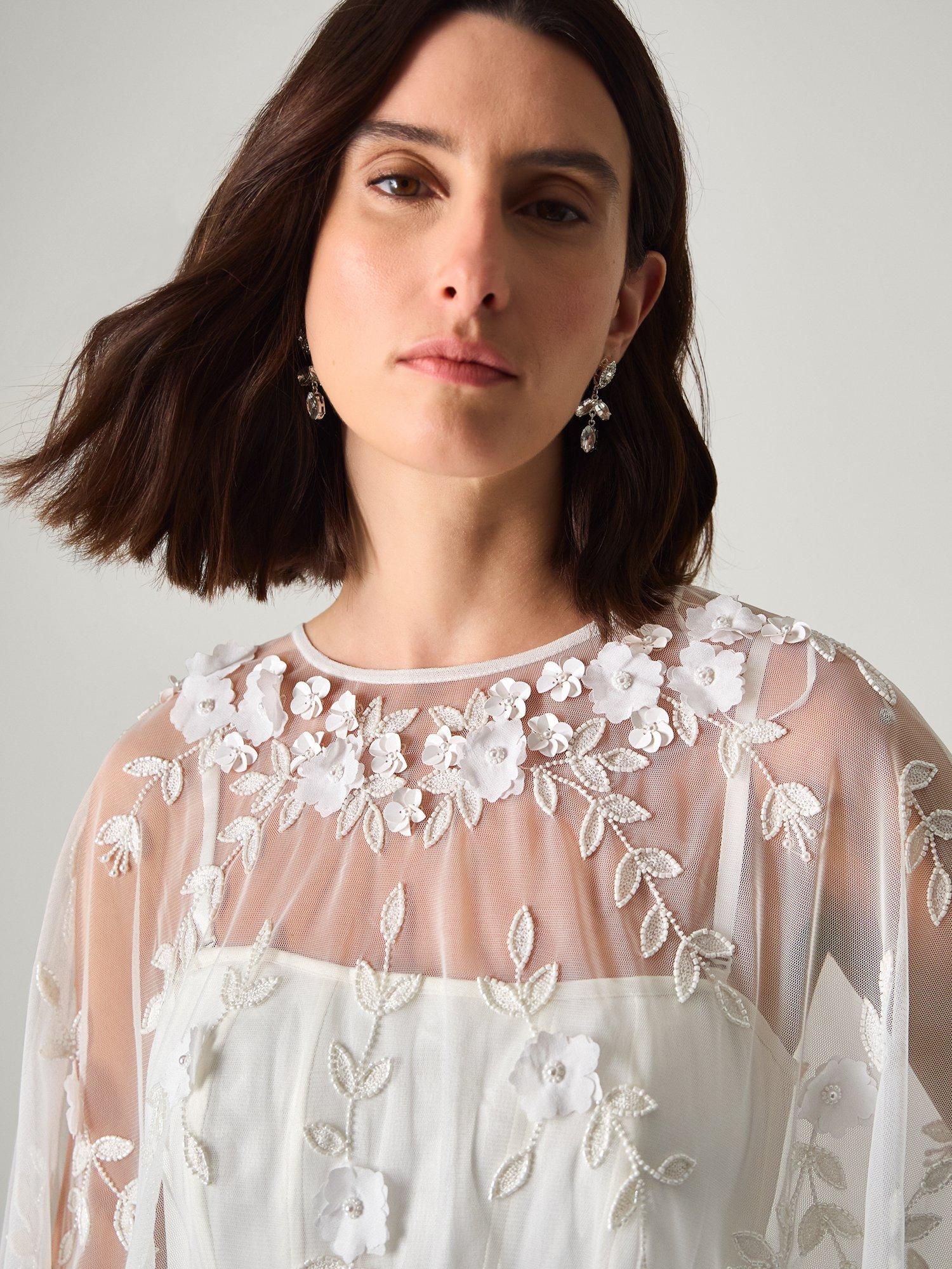 Product image 3 of 5, which shows Monsoon Celeste Floral Cape Satin Wedding Dress, Ivory, 6