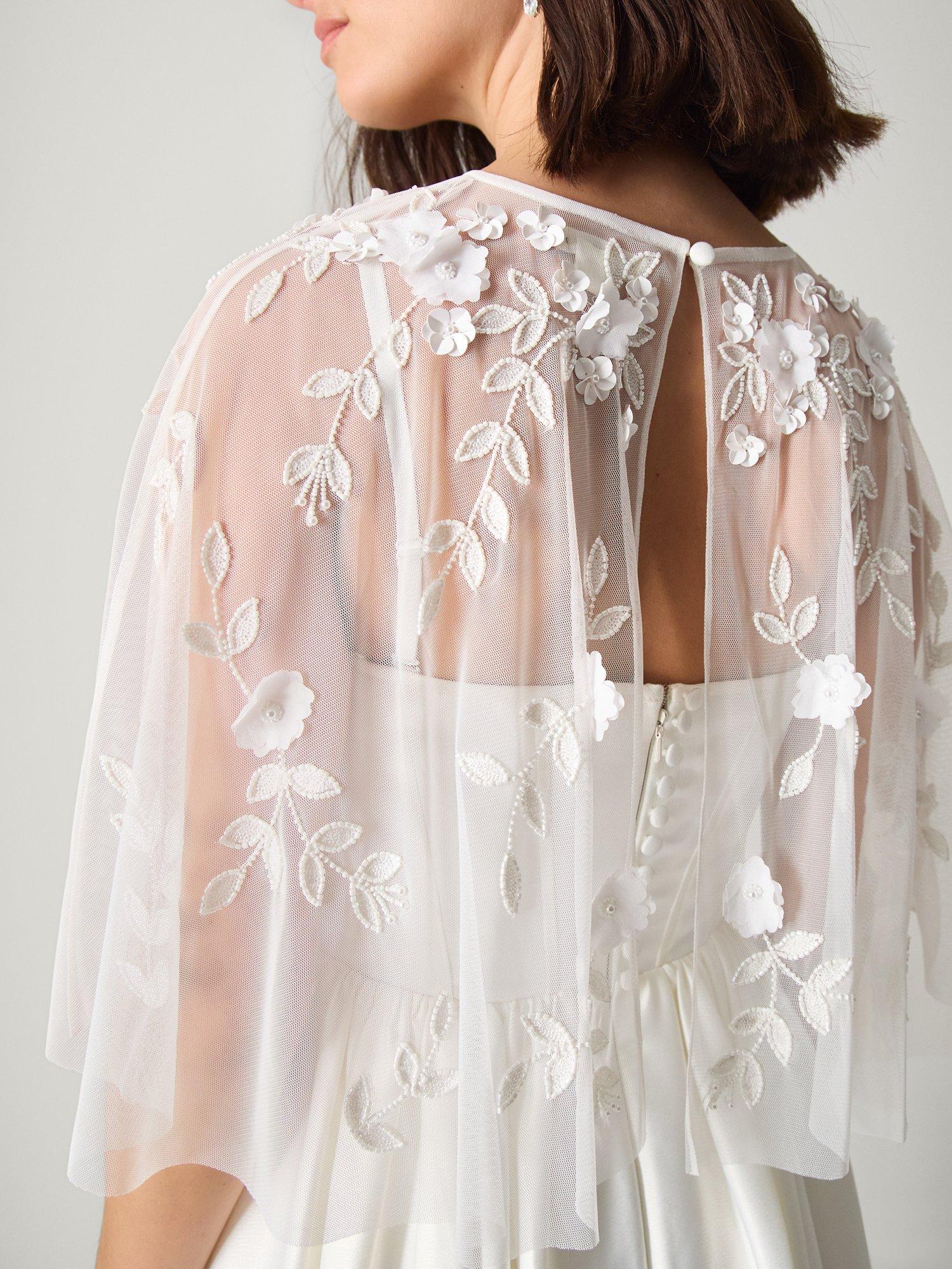 Product image 4 of 5, which shows Monsoon Celeste Floral Cape Satin Wedding Dress, Ivory, 6