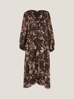 Monsoon Jada Floral Print Midi Dress, Chocolate, Chocolate