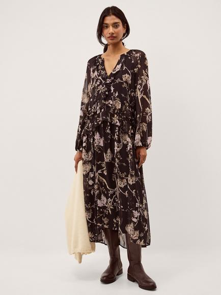 Monsoon Jada Floral Print Midi Dress, Chocolate, Chocolate