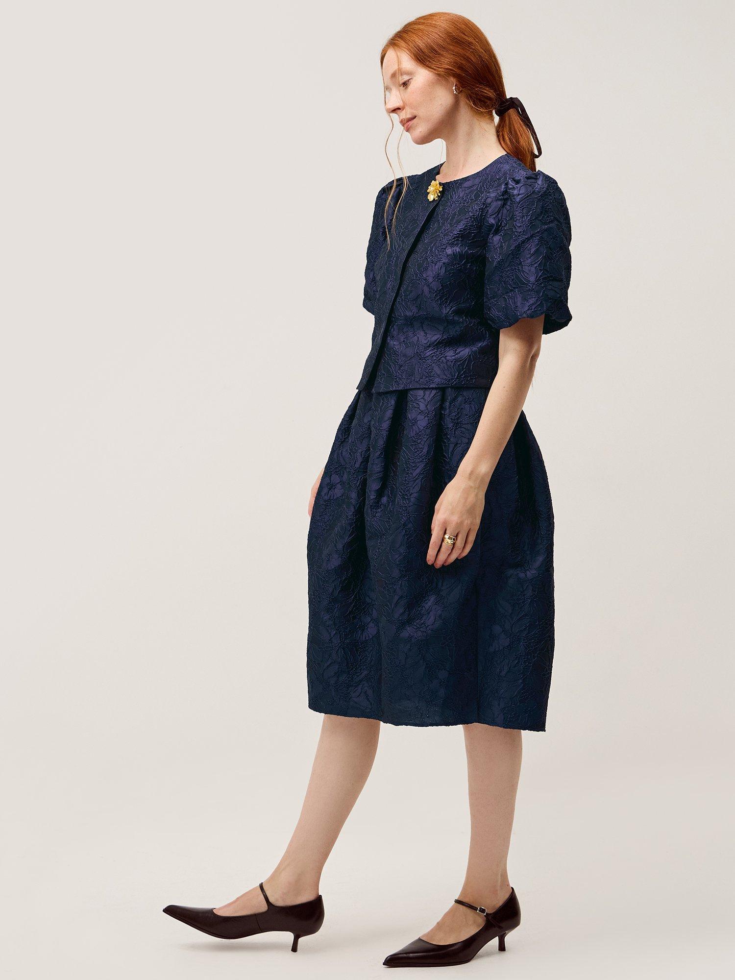Product image 3 of 5, which shows Monsoon Juliana Jacquard Dress, Navy, 8
