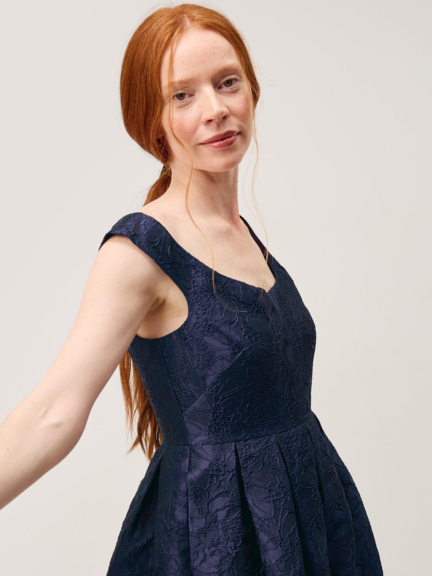 Product image 4 of 5, which shows Monsoon Juliana Jacquard Dress, Navy, 8