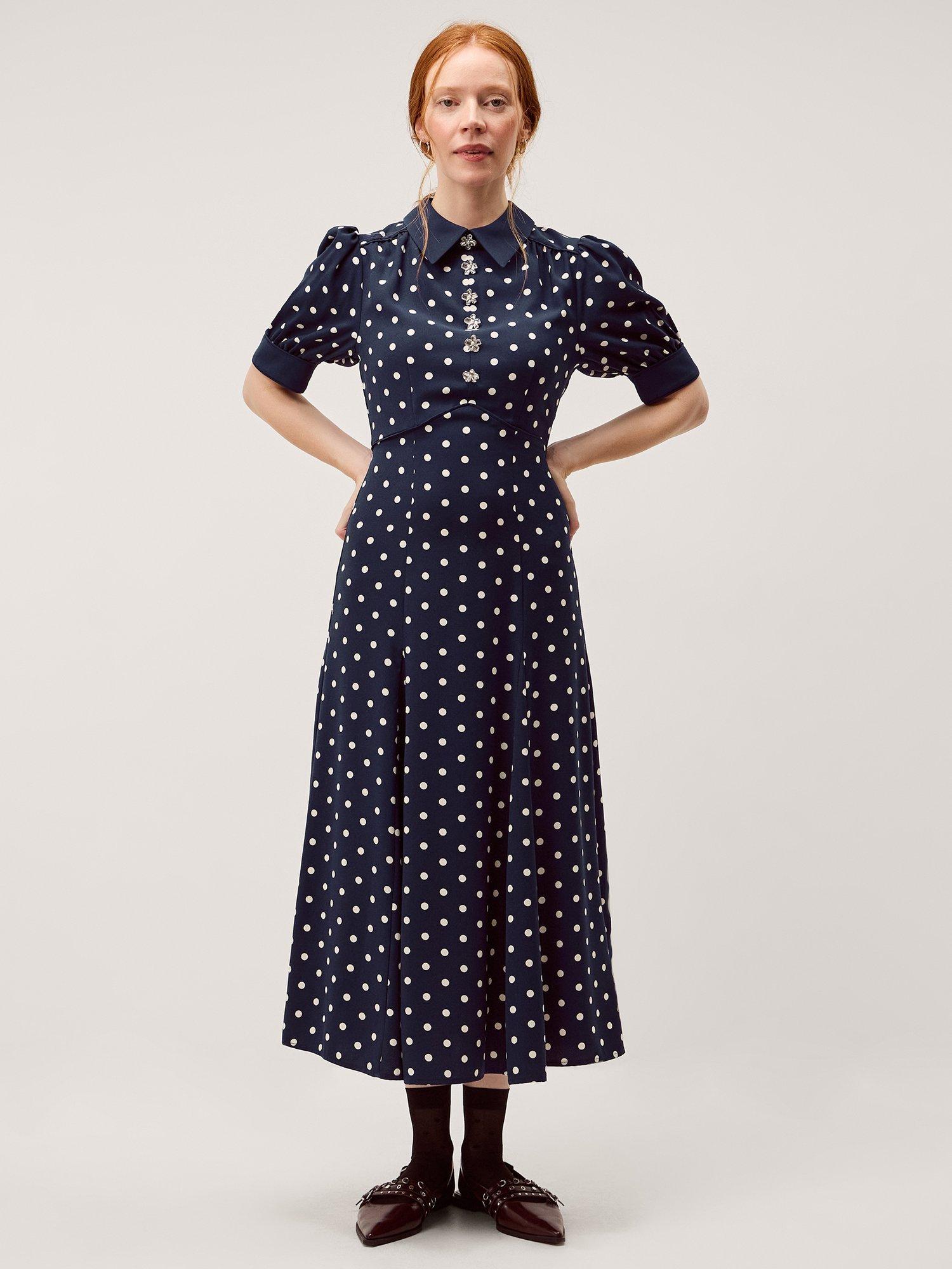 Product image 1 of 5, which shows Monsoon Kate Spot Midi Dress, Navy, 8