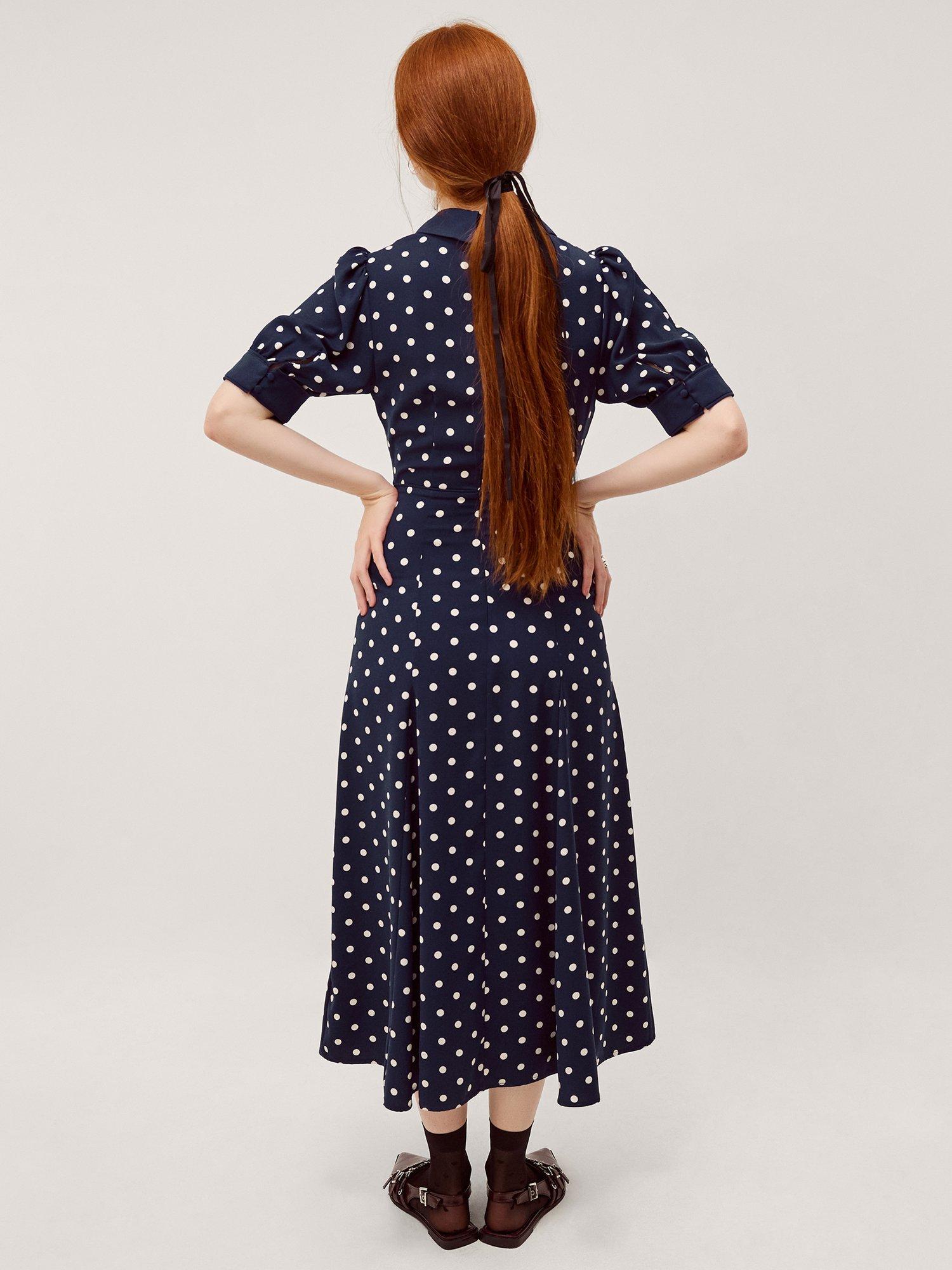 Product image 2 of 5, which shows Monsoon Kate Spot Midi Dress, Navy, 8