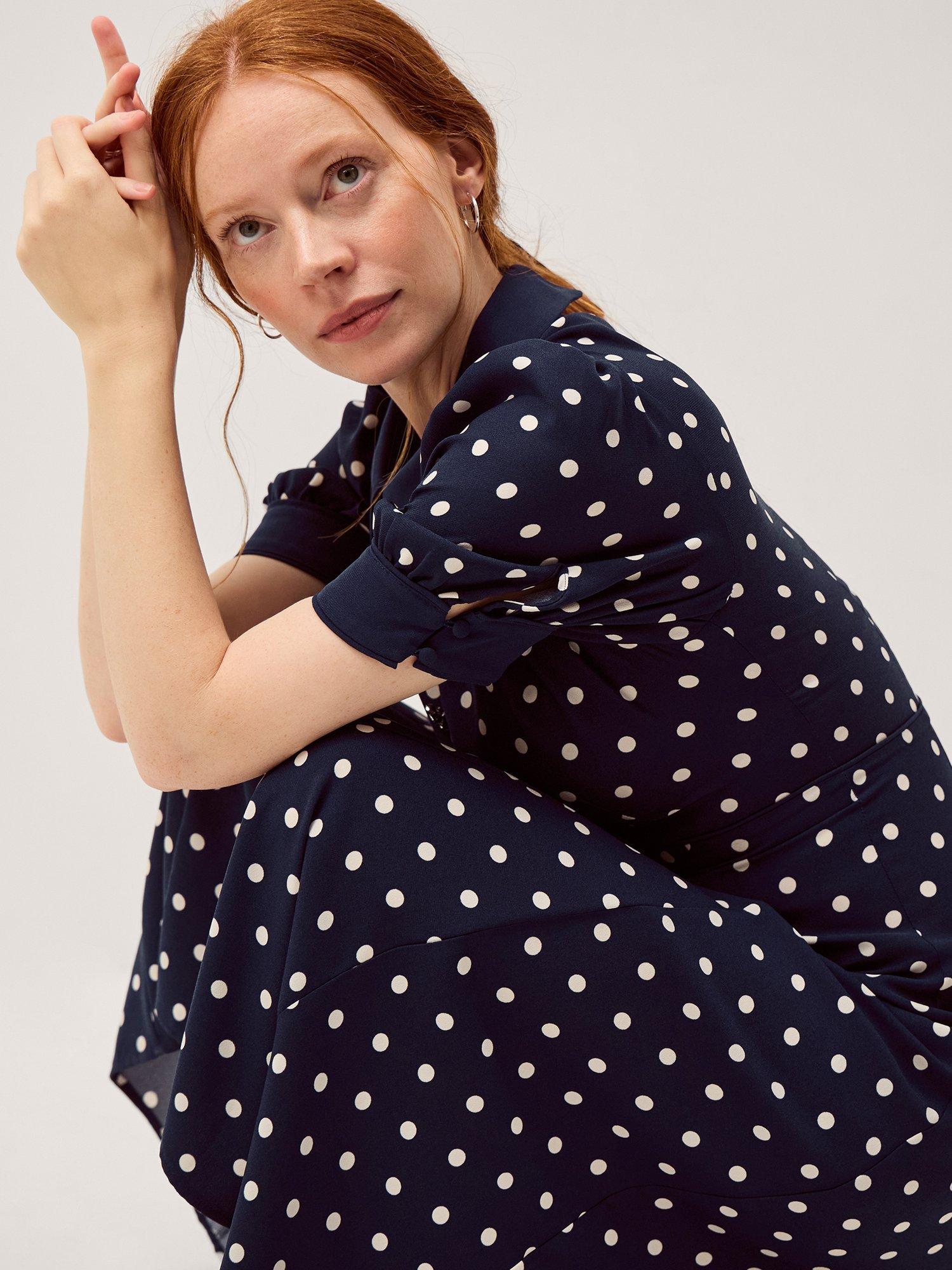 Product image 3 of 5, which shows Monsoon Kate Spot Midi Dress, Navy, 8