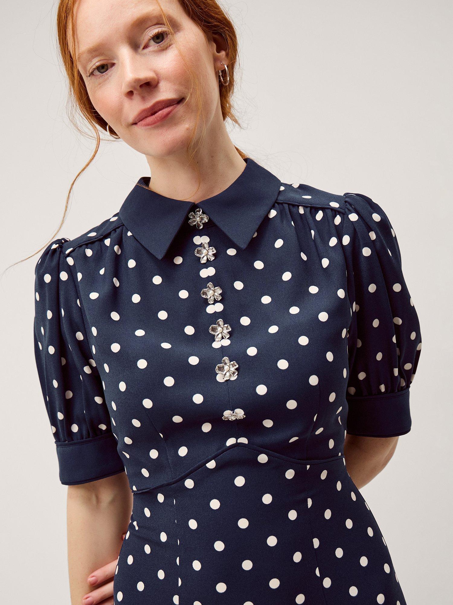 Product image 4 of 5, which shows Monsoon Kate Spot Midi Dress, Navy, 8
