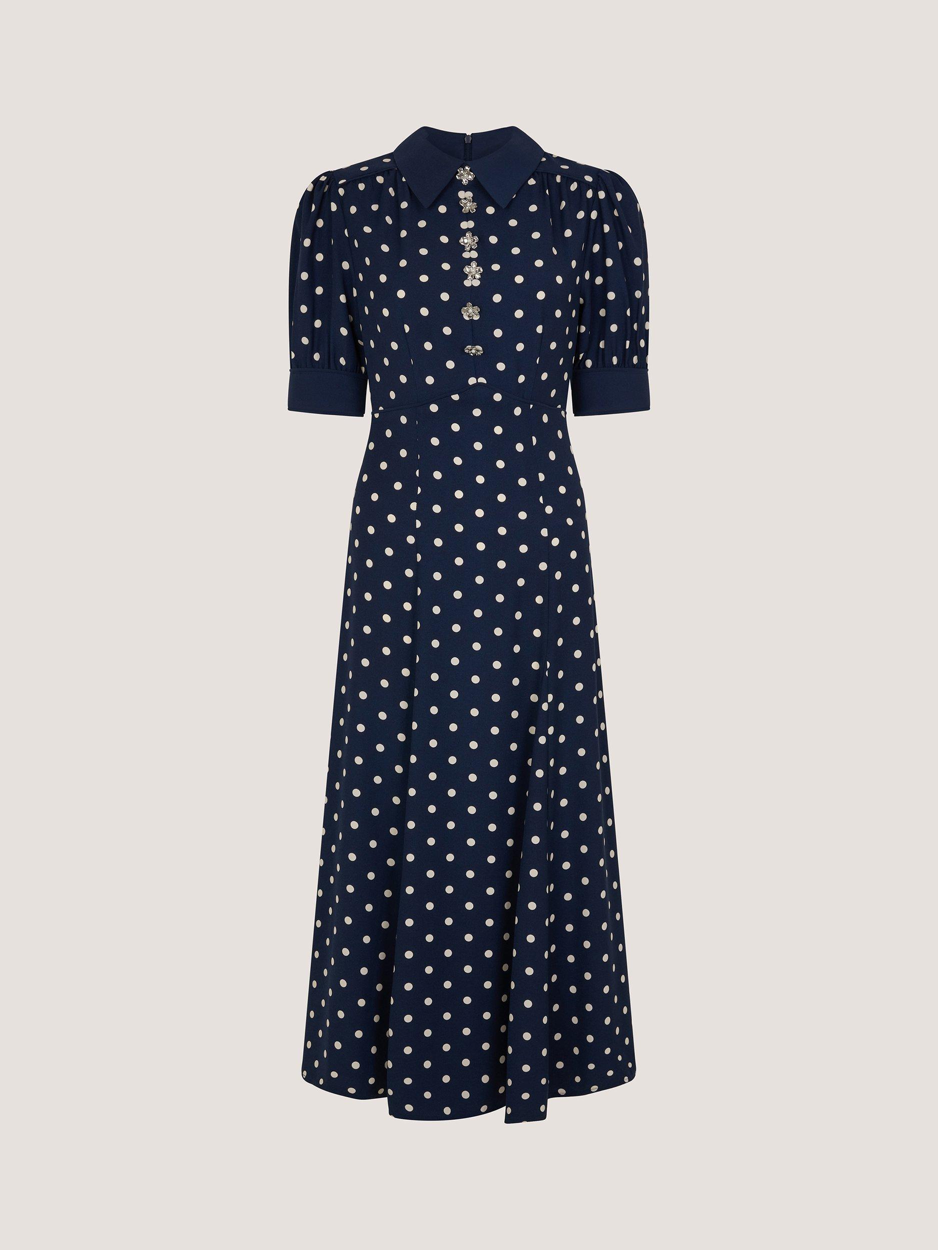 Product image 5 of 5, which shows Monsoon Kate Spot Midi Dress, Navy, 8
