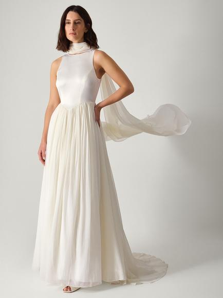 Monsoon Margo Drop Waist Wedding Dress & Scarf, Ivory, Ivory