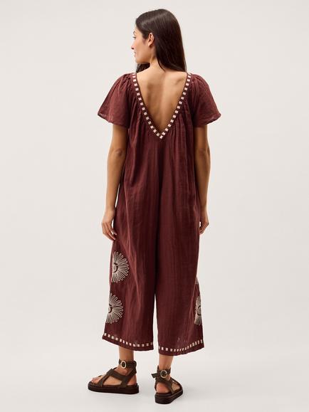 Monsoon Aurelia Embroidered Floral Jumpsuit, Brown - view 2, Brown