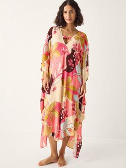 Monsoon Iris Floral Maxi Kaftan, Coral/Multi, Coral/Multi