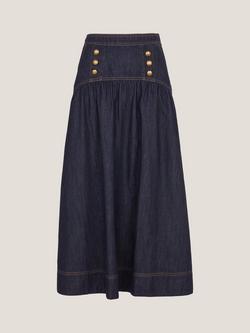 Monsoon Lucy Button Detail Denim Midi Skirt, Indigo, Indigo