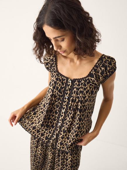 Monsoon Arti Heart Print Button Top containing LENZING™ ECOVERO™ Viscose, Black, Black