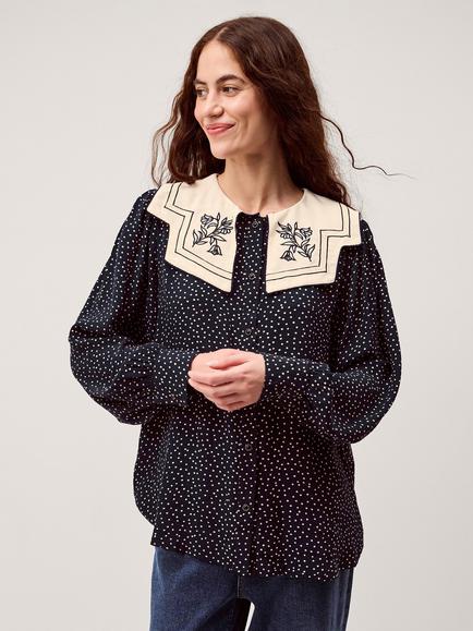 Monsoon Ivy Polka Dot Oversized Collar Top, Navy, Navy