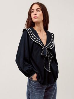 Monsoon Lola Tie Collar Top, Navy, Navy